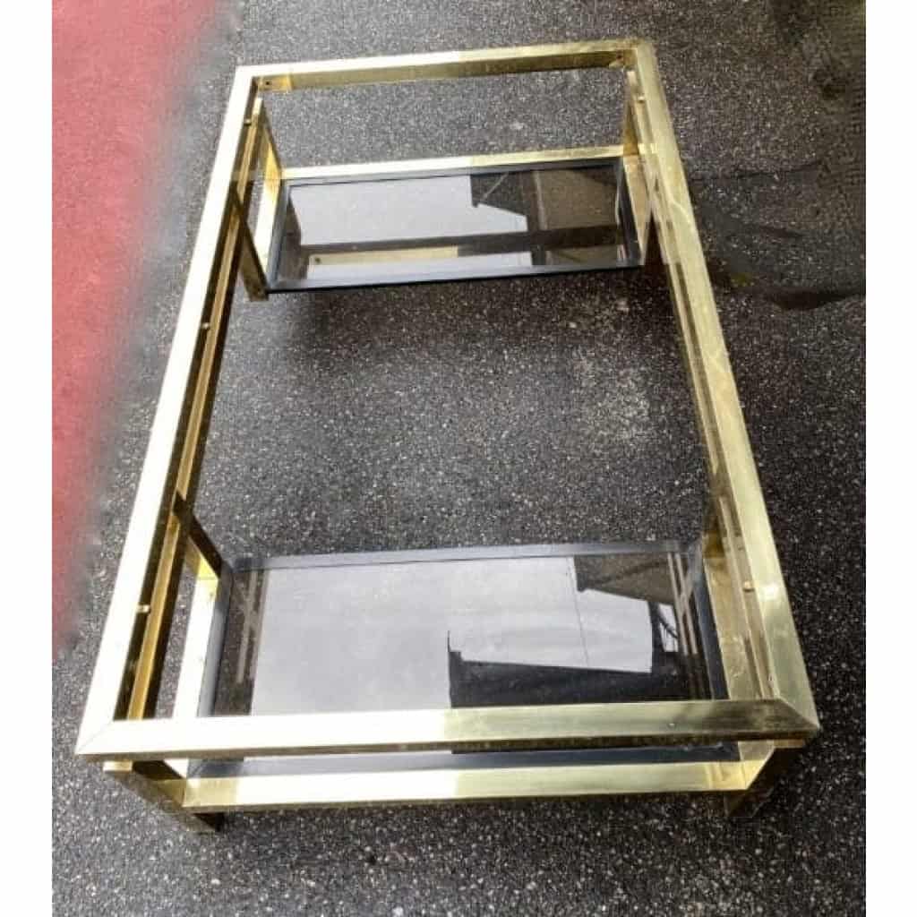 1970′ Table Basse Rectangulaire Guy Lefevre En Laiton Et Vitres Fumées 130 x 80 cm