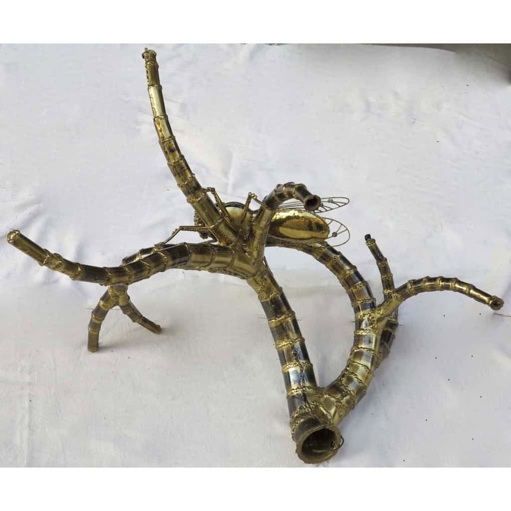 1950/70′ Table décor Bambou à la Cigale en Bronze avec Billes Agates Bleues et Cristaux Bleus style Brasseur Éclairante