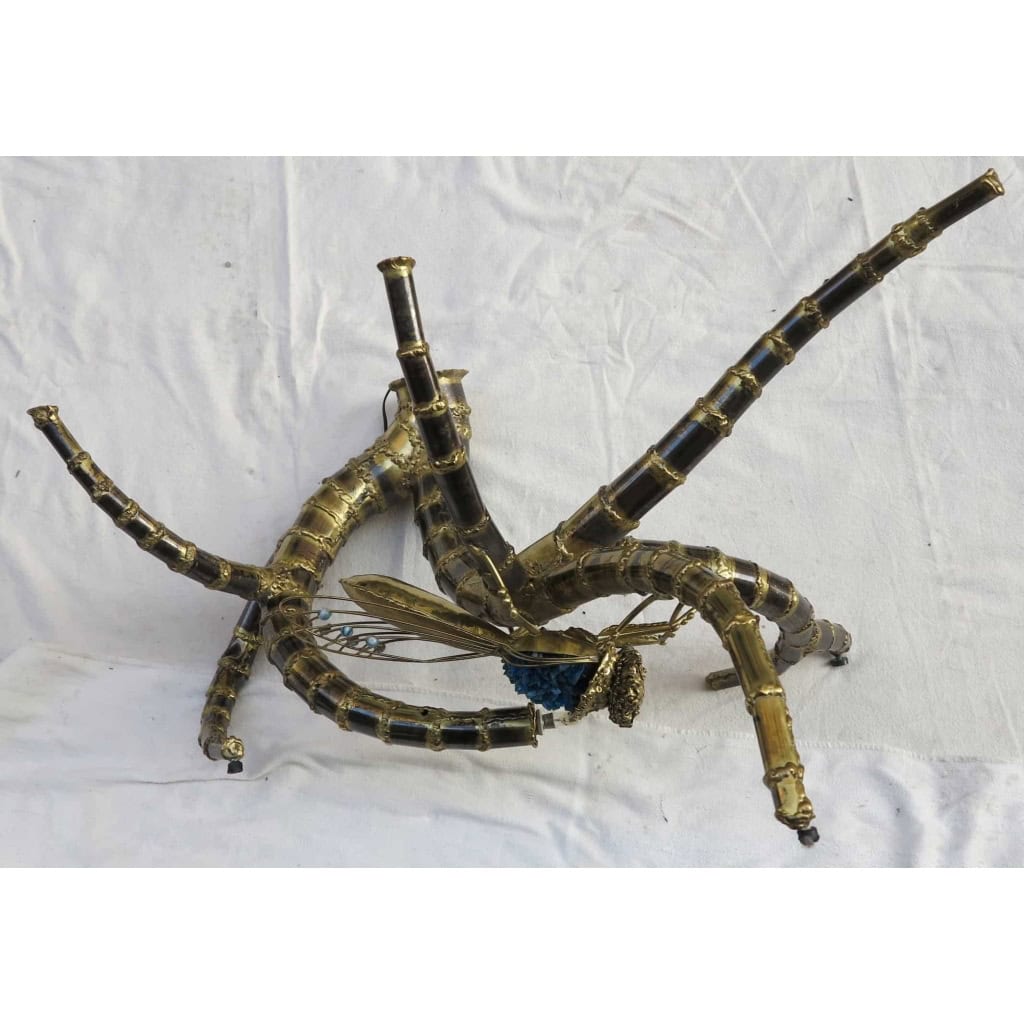 1950/70′ Table décor Bambou à la Cigale en Bronze avec Billes Agates Bleues et Cristaux Bleus style Brasseur Éclairante