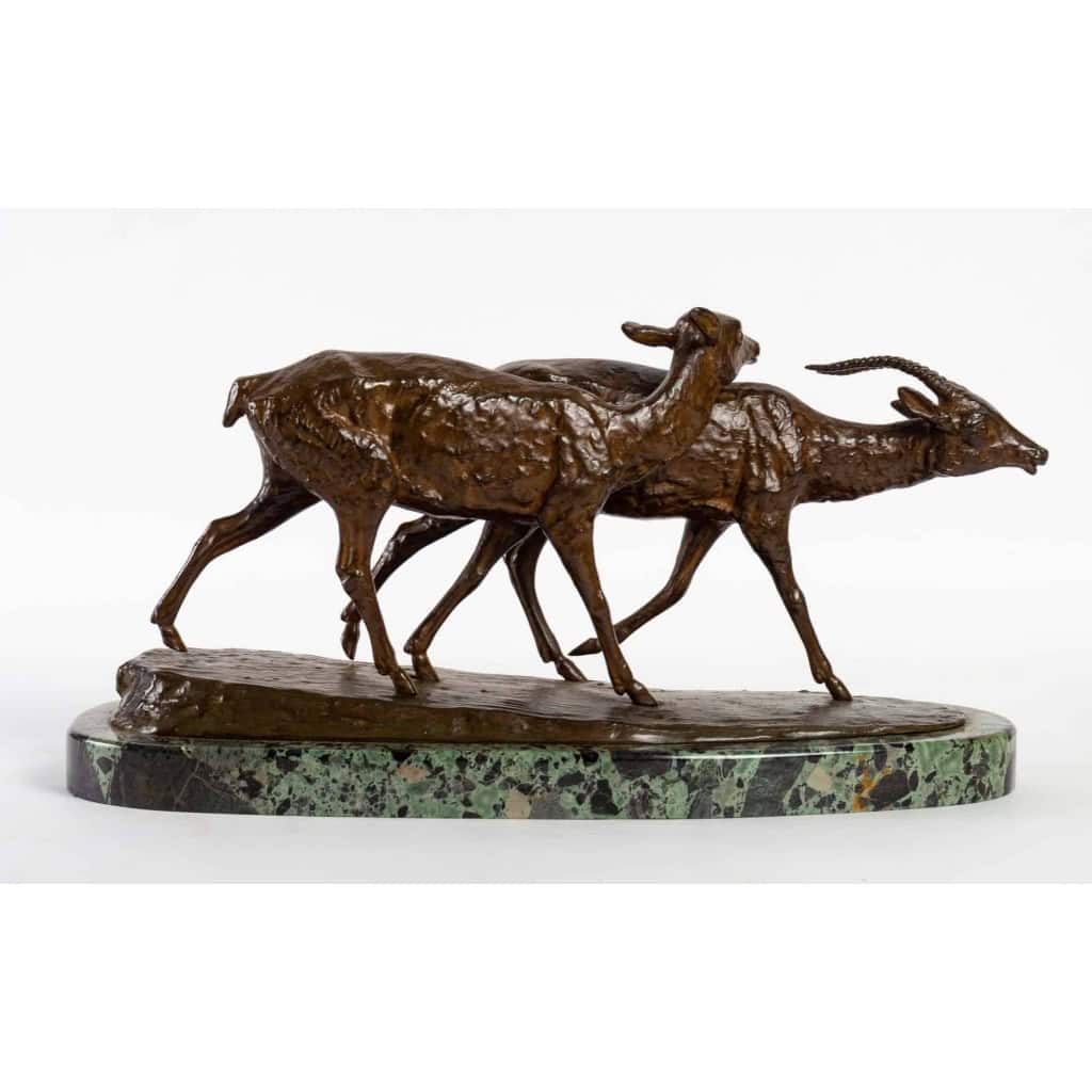 Sculpture en bronze, couple d’antilopes, Signé Irenée Rochard | Biron |||||||