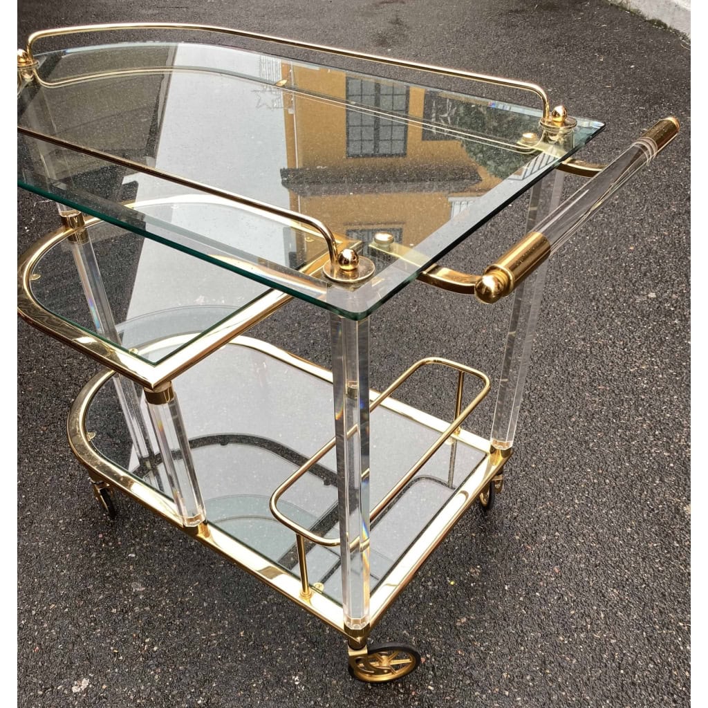 1970′ Large Altuglas and Gold Iron Serving Trolley from Spanish Palace | Biron 1970′ Large Altuglas and Gold Iron Serving Trolley from Spanish Palace