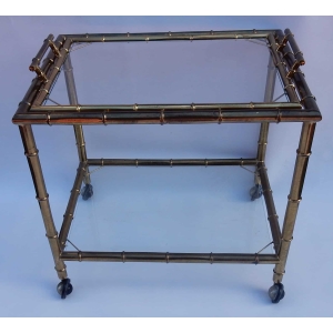 1950/70 Desserte Roulante Maison Baguès en Laiton Doré Décor Bambou