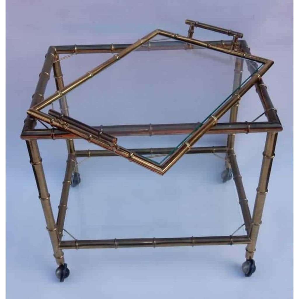 1950/70 Desserte Roulante Maison Baguès en Laiton Doré Décor Bambou 4