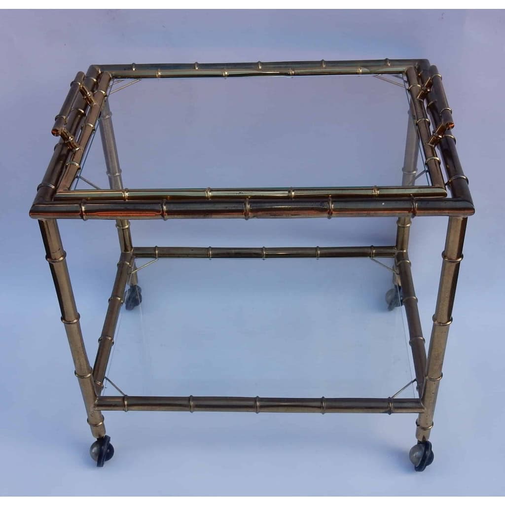 1950/70 Desserte Roulante Maison Baguès en Laiton Doré Décor Bambou 6