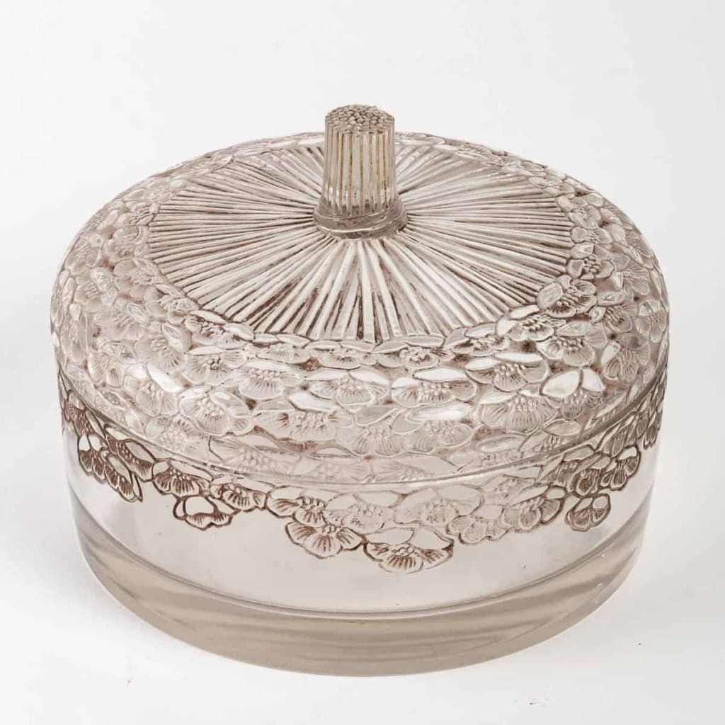 Boîte « Boutons d’Or » verre blanc patiné sépia de René LALIQUE | Biron Boîte "Boutons d'Or" verre blanc patiné sépia de René LALIQUE