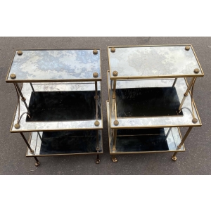 1970′ Paire D’Étagères à 3 Niveaux En Escalier Maison Baguès En Laiton et Plateaux Miroirs Oxydés Vieillis