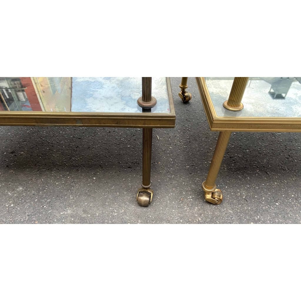 1970′ Paire D’Étagères à 3 Niveaux En Escalier Maison Baguès En Laiton et Plateaux Miroirs Oxydés Vieillis 11