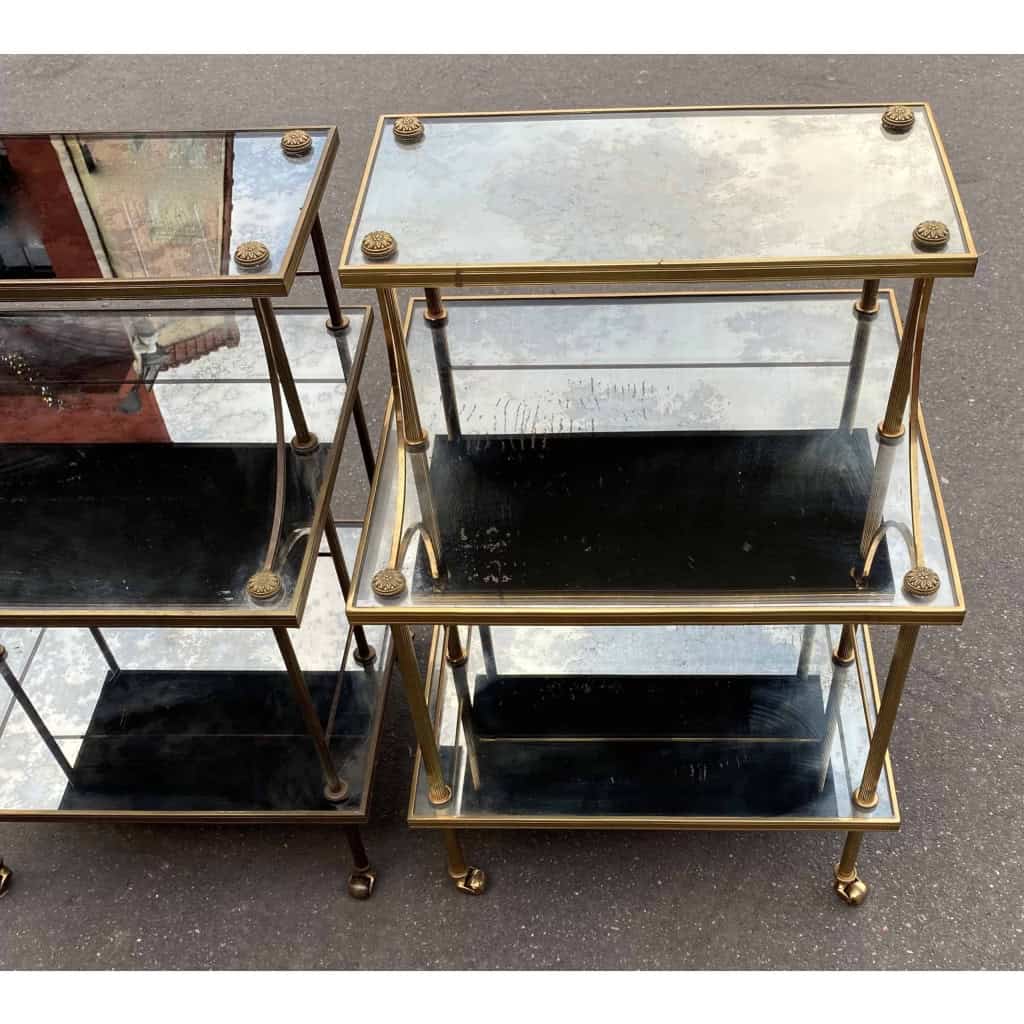 1970′ Paire D’Étagères à 3 Niveaux En Escalier Maison Baguès En Laiton et Plateaux Miroirs Oxydés Vieillis 3