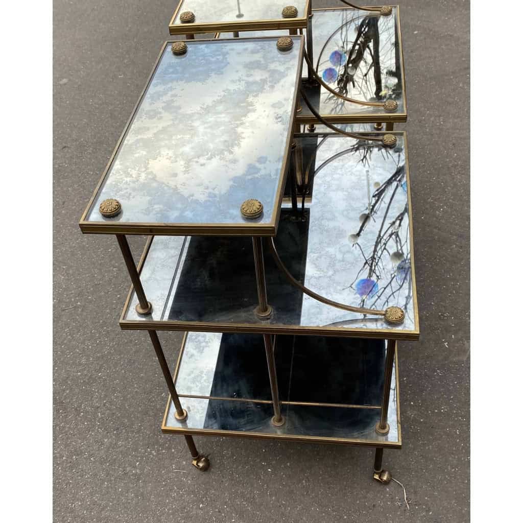 1970′ Paire D’Étagères à 3 Niveaux En Escalier Maison Baguès En Laiton et Plateaux Miroirs Oxydés Vieillis 4