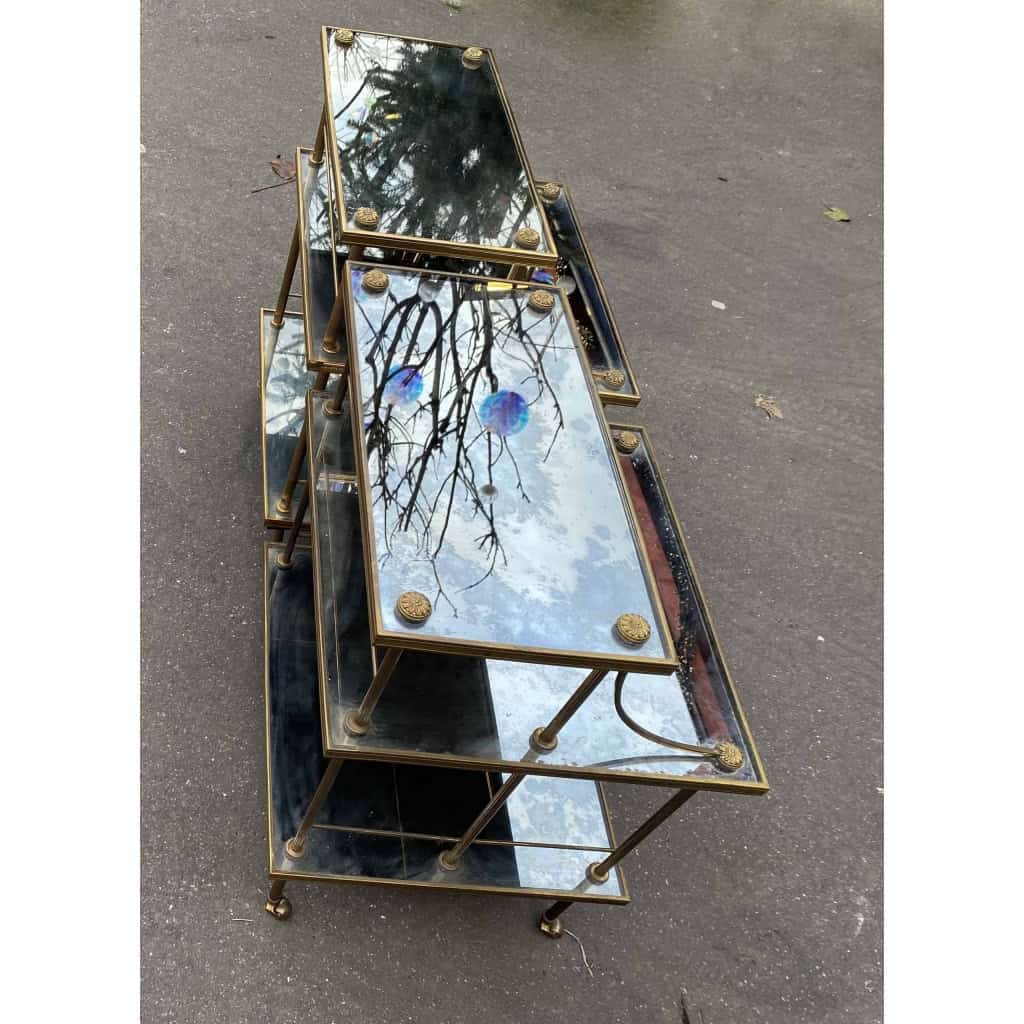 1970′ Paire D’Étagères à 3 Niveaux En Escalier Maison Baguès En Laiton et Plateaux Miroirs Oxydés Vieillis 5