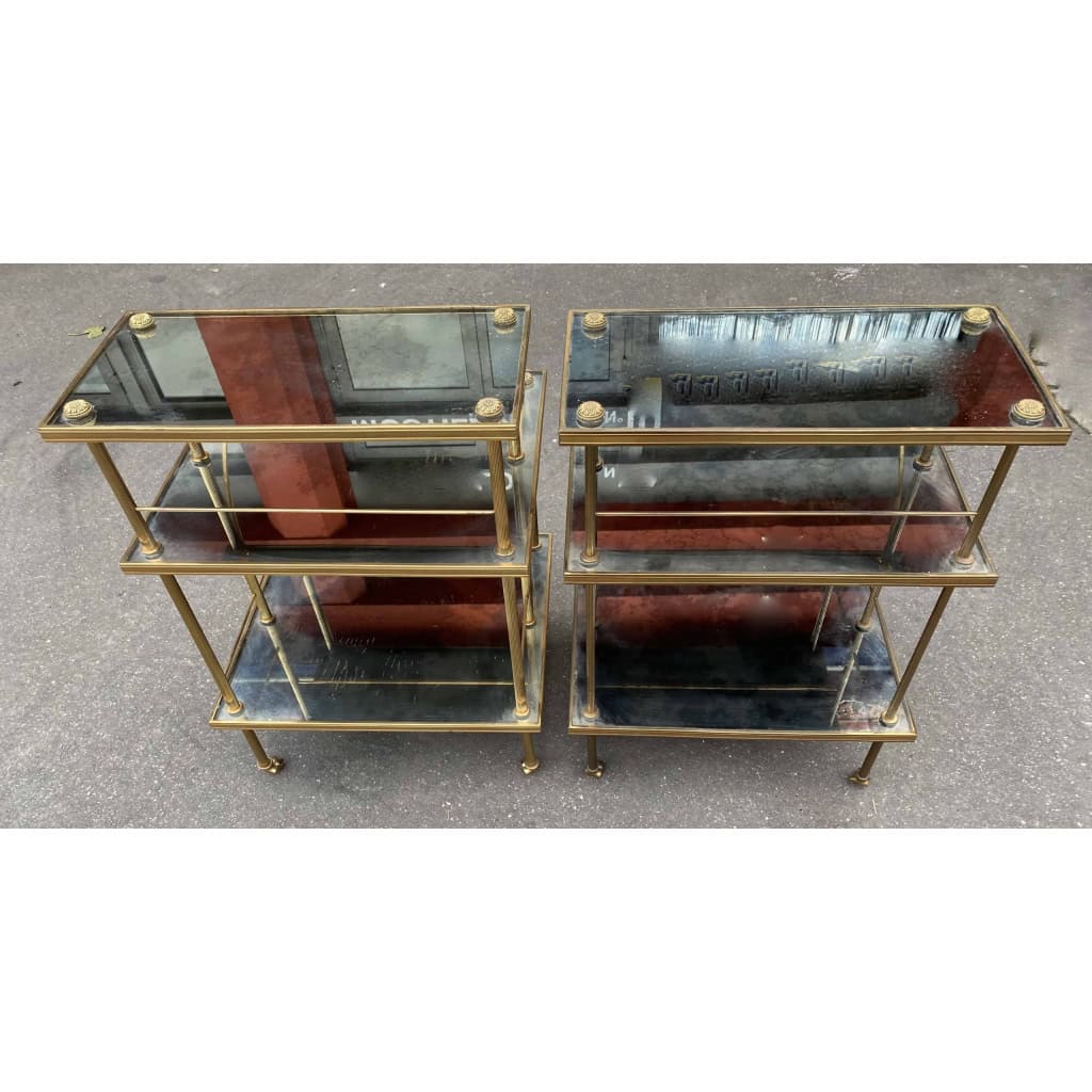 1970′ Paire D’Étagères à 3 Niveaux En Escalier Maison Baguès En Laiton et Plateaux Miroirs Oxydés Vieillis 6