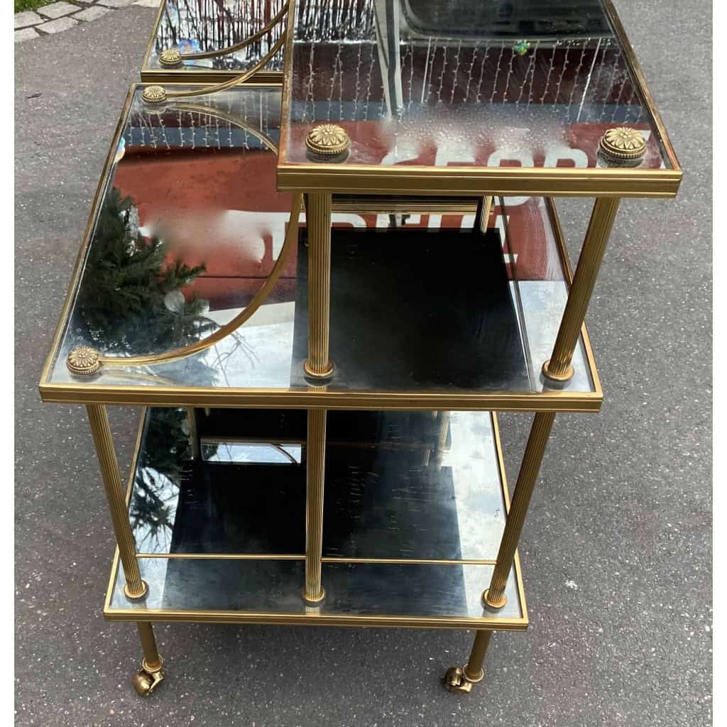 1970′ Paire D’Étagères à 3 Niveaux En Escalier Maison Baguès En Laiton et Plateaux Miroirs Oxydés Vieillis 7