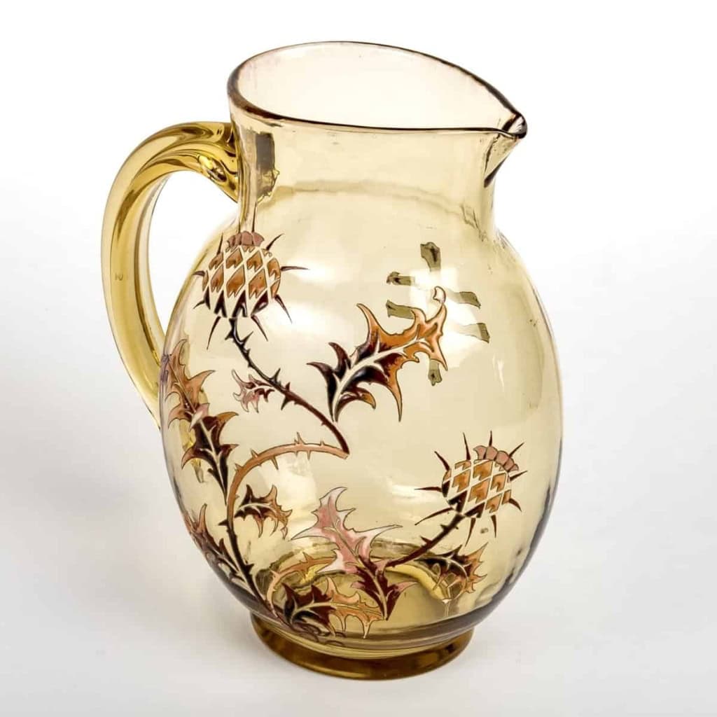 Pichet Broc « Chardons » verre jaune émaillé d’Emile Gallé | Biron Pichet Broc "Chardons" verre jaune émaillé d'Emile Gallé