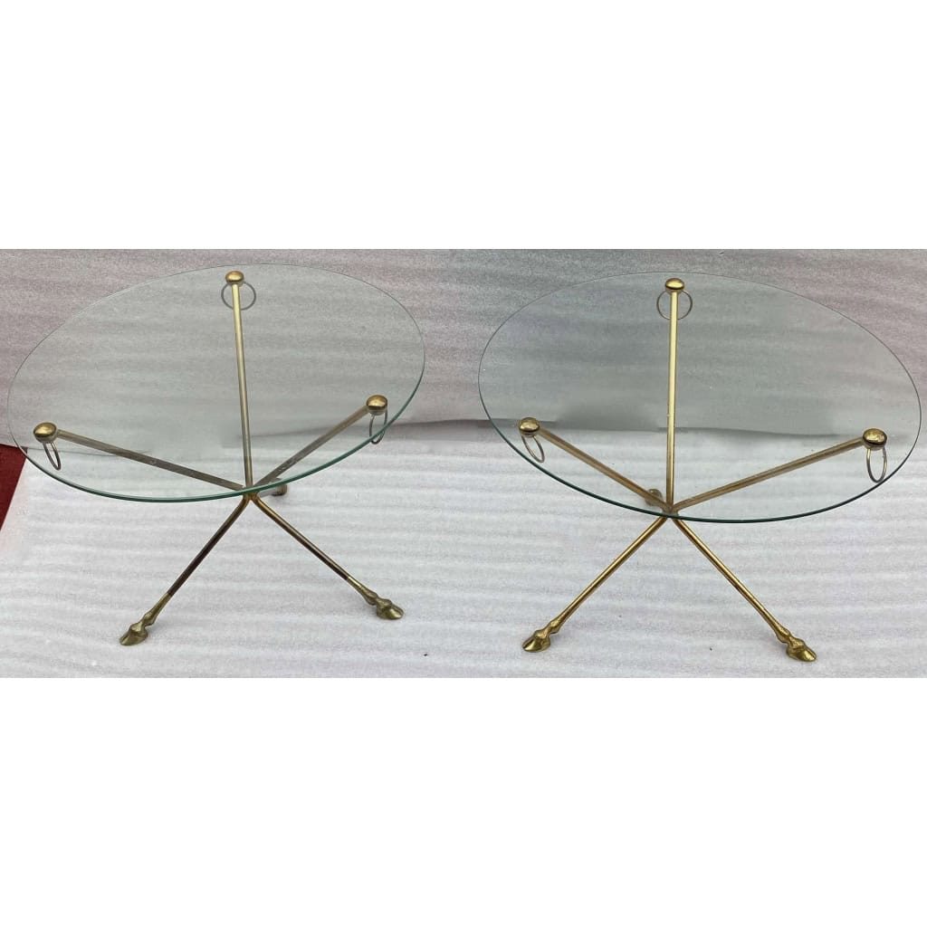 1970′ Paire De Guéridons Bronze Doré Plateau Verre Maison Charles Ou Jansen H 43 Diam 60 cm | Biron |||||||||||