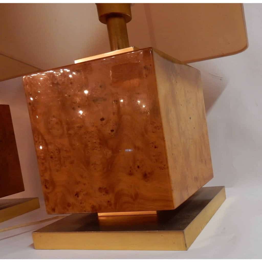 1950/70′ Paire de Lampes Art Déco Laiton Doré Et Loupe D’Érable Moucheté