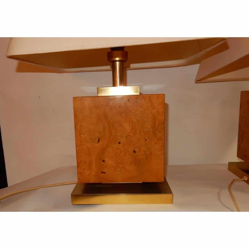1950/70′ Paire de Lampes Art Déco Laiton Doré Et Loupe D’Érable Moucheté