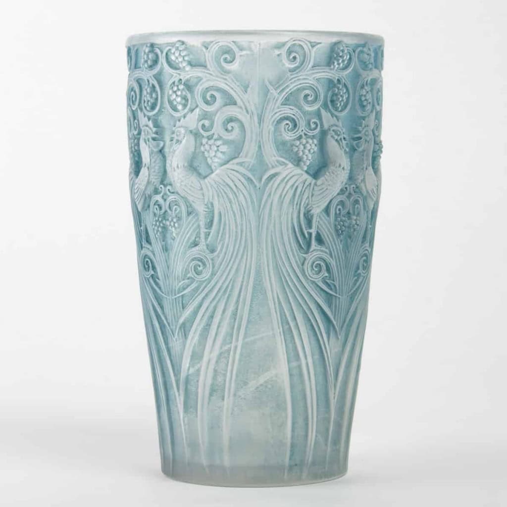 Vase « Coqs et Plumes » verre blanc patiné bleu de René LALIQUE | Biron ||||||||