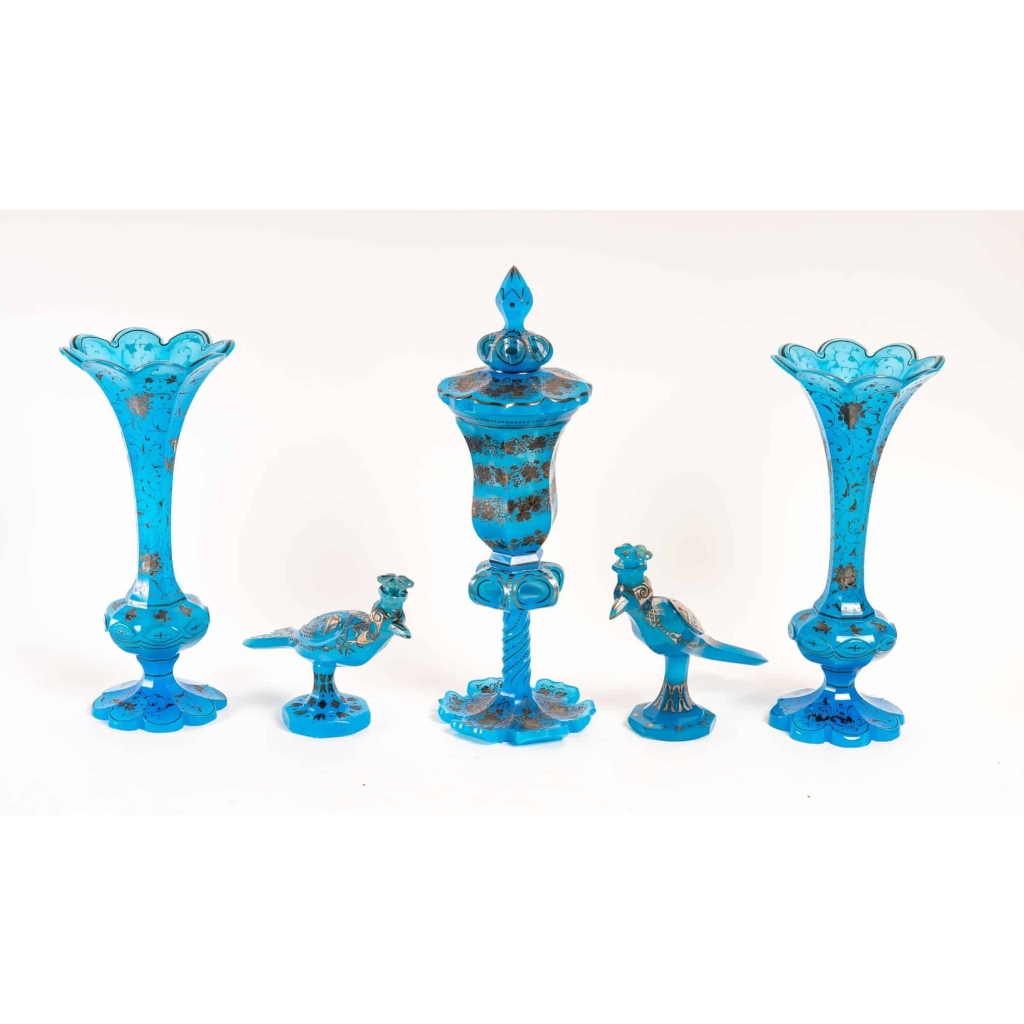 Rare groupe en opaline bleu royal émaillé en argent d’époque 1820-1840 | Biron ||||||||||||||