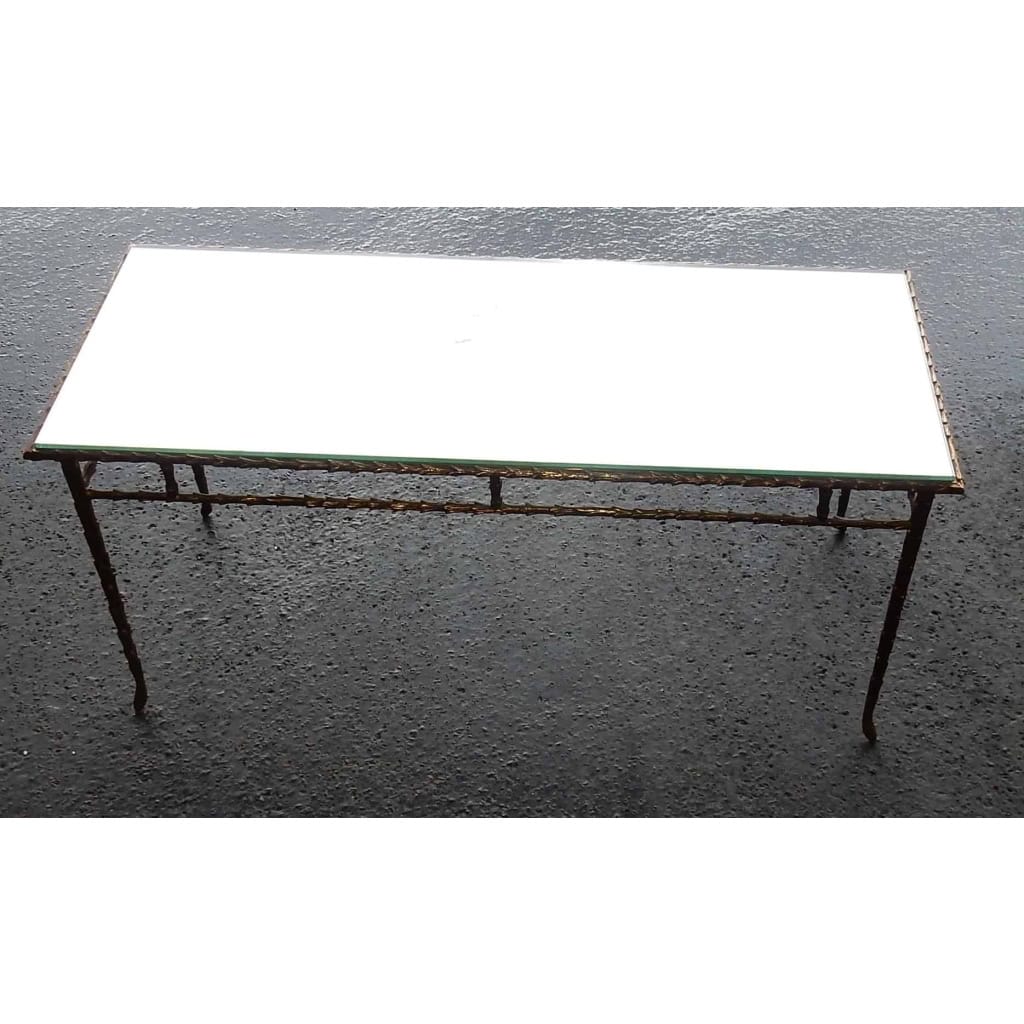 1950/70' Table Basse en Bronze Doré Décor Palmier Maison Charles