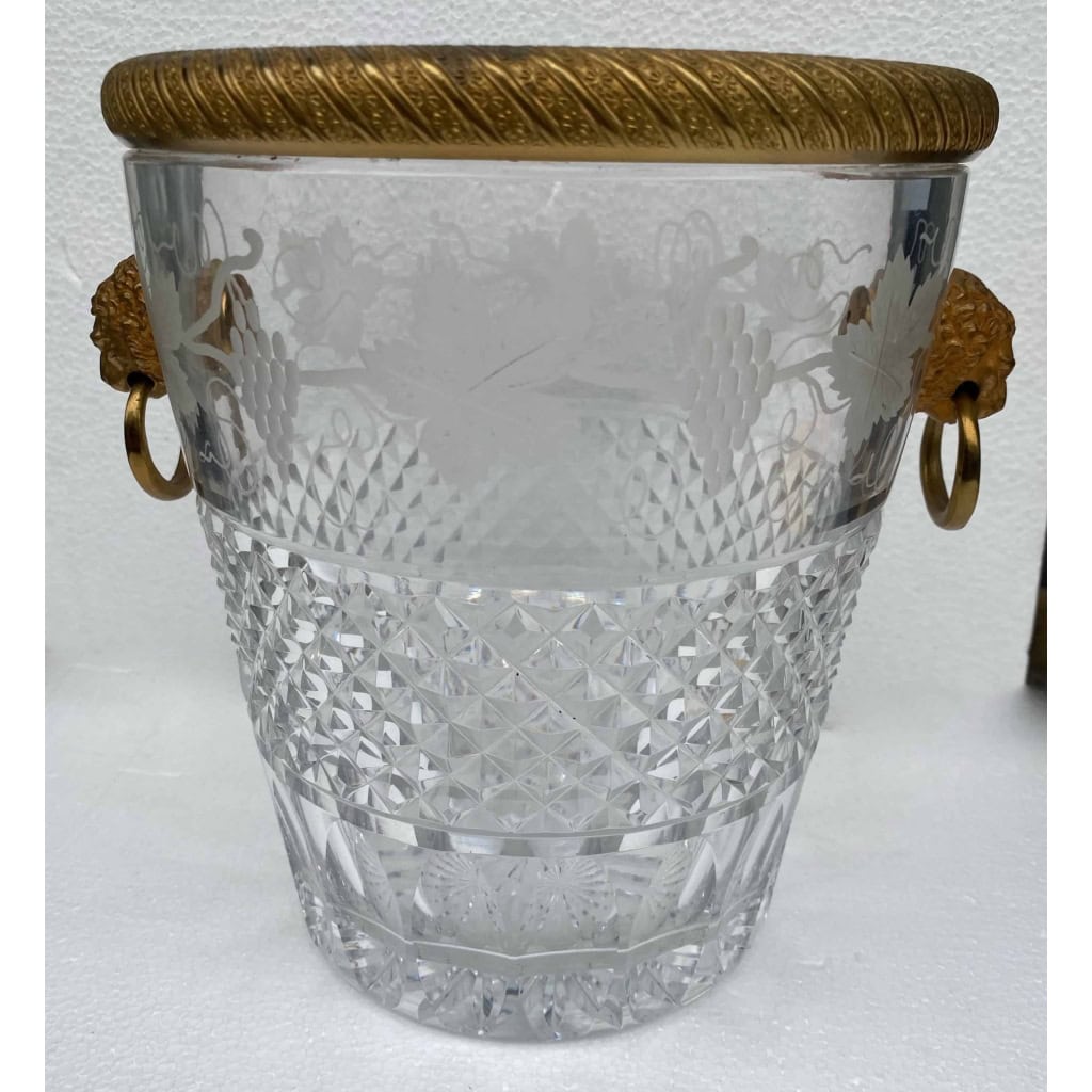 1950-70′ Seau à Champagne Cristal St Louis Gravé Aux Attributs de la Vigne et Bronze Doré Aux têtes de Lion 2