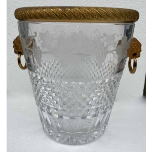 1950-70′ Seau à Champagne Cristal St Louis Gravé Aux Attributs de la Vigne et Bronze Doré Aux têtes de Lion