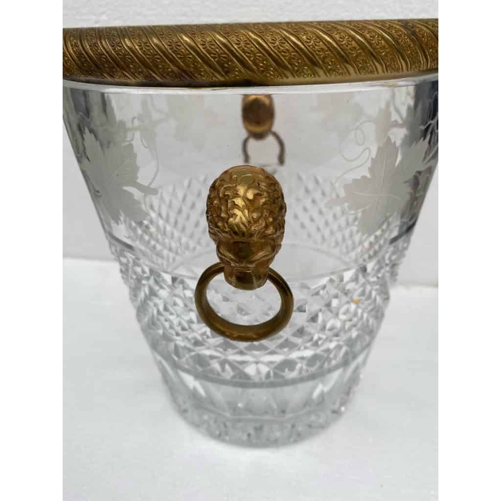 1950-70′ Seau à Champagne Cristal St Louis Gravé Aux Attributs de la Vigne et Bronze Doré Aux têtes de Lion 4