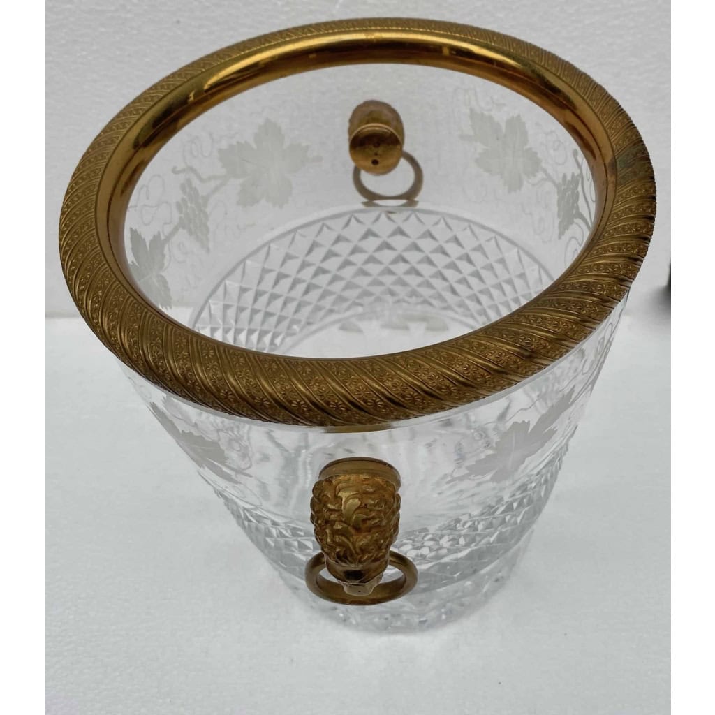 1950-70′ Seau à Champagne Cristal St Louis Gravé Aux Attributs de la Vigne et Bronze Doré Aux têtes de Lion 5