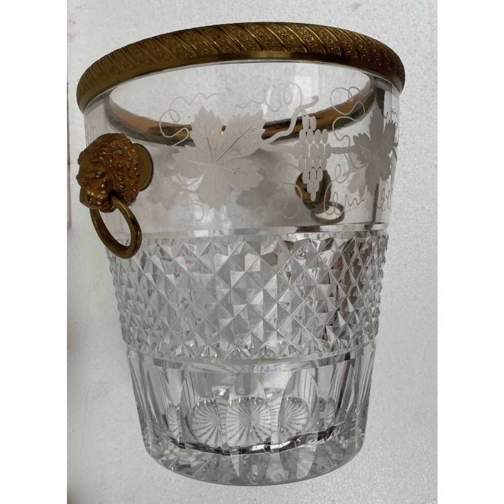 1950-70′ Seau à Champagne Cristal St Louis Gravé Aux Attributs de la Vigne et Bronze Doré Aux têtes de Lion 6