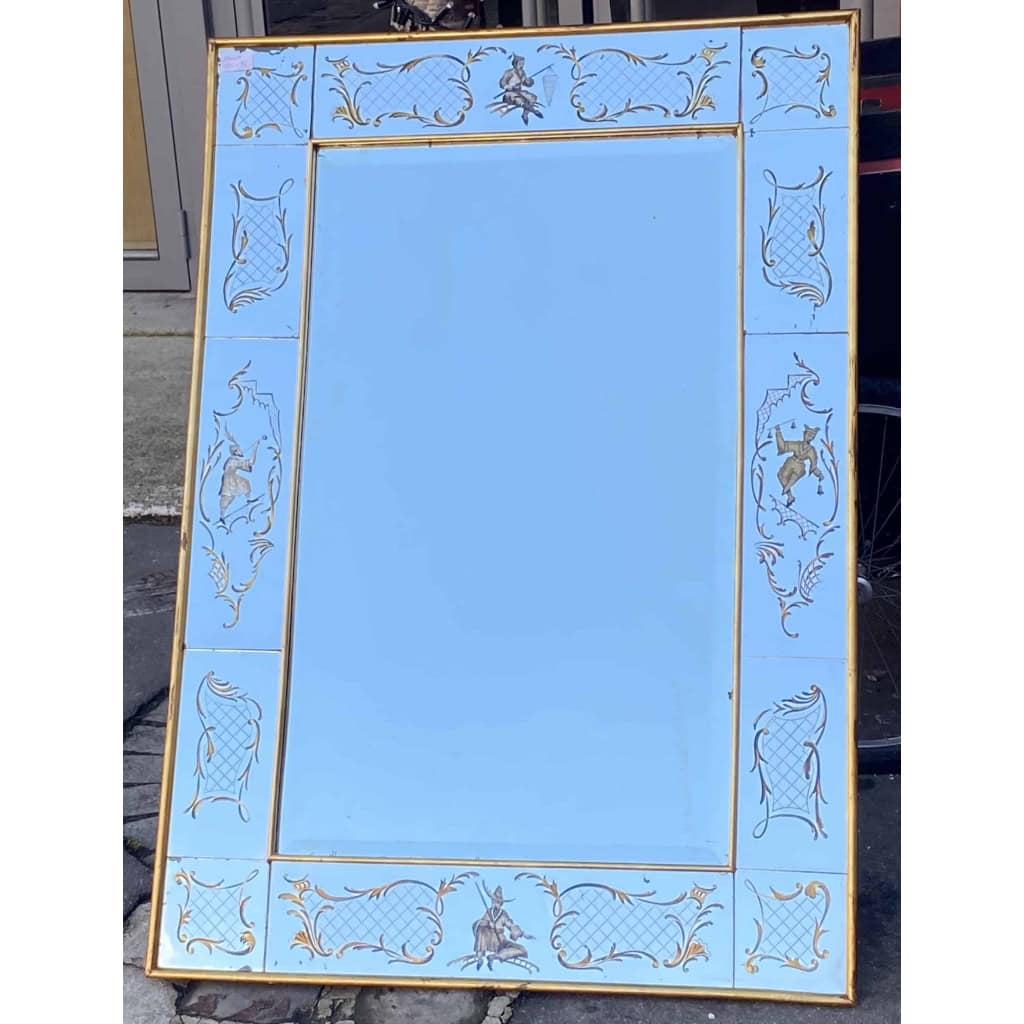 1960/70 Miroir aux Chinois Décor Eglomisé Et Cadre Feuilles d’Or DLG Pansard 136 X 96 cm 2