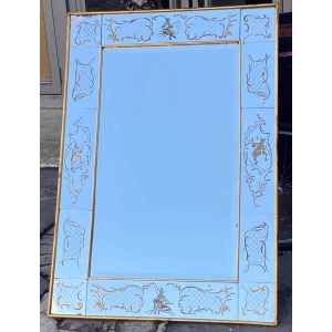 1960/70 Miroir aux Chinois Décor Eglomisé Et Cadre Feuilles d’Or DLG Pansard 136 X 96 cm