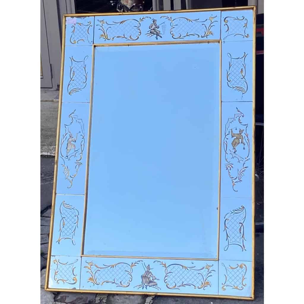 1960/70 Miroir aux Chinois Décor Eglomisé Et Cadre Feuilles d’Or DLG Pansard 136 X 96 cm 5