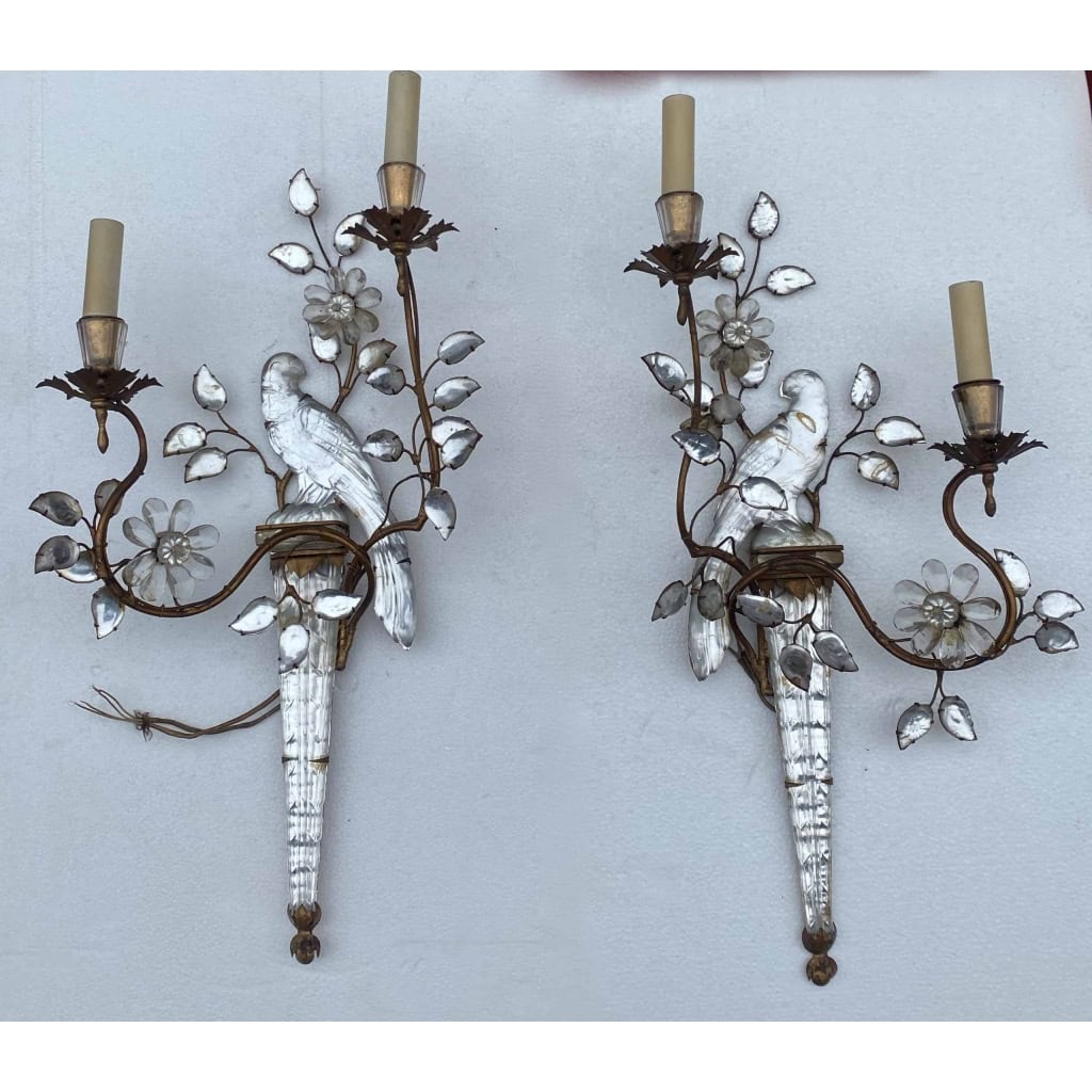 1950/70′ Paire d’Appliques à la Perruche Posée Sur Une Gaine, Maison Baguès H 63 cm | Biron ||||||||||