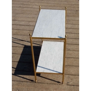 1950/70′ Paire d’Étagères ou Bouts de Canapés en Laiton Doré Plateaux Marbre Blanc Maison Baguès