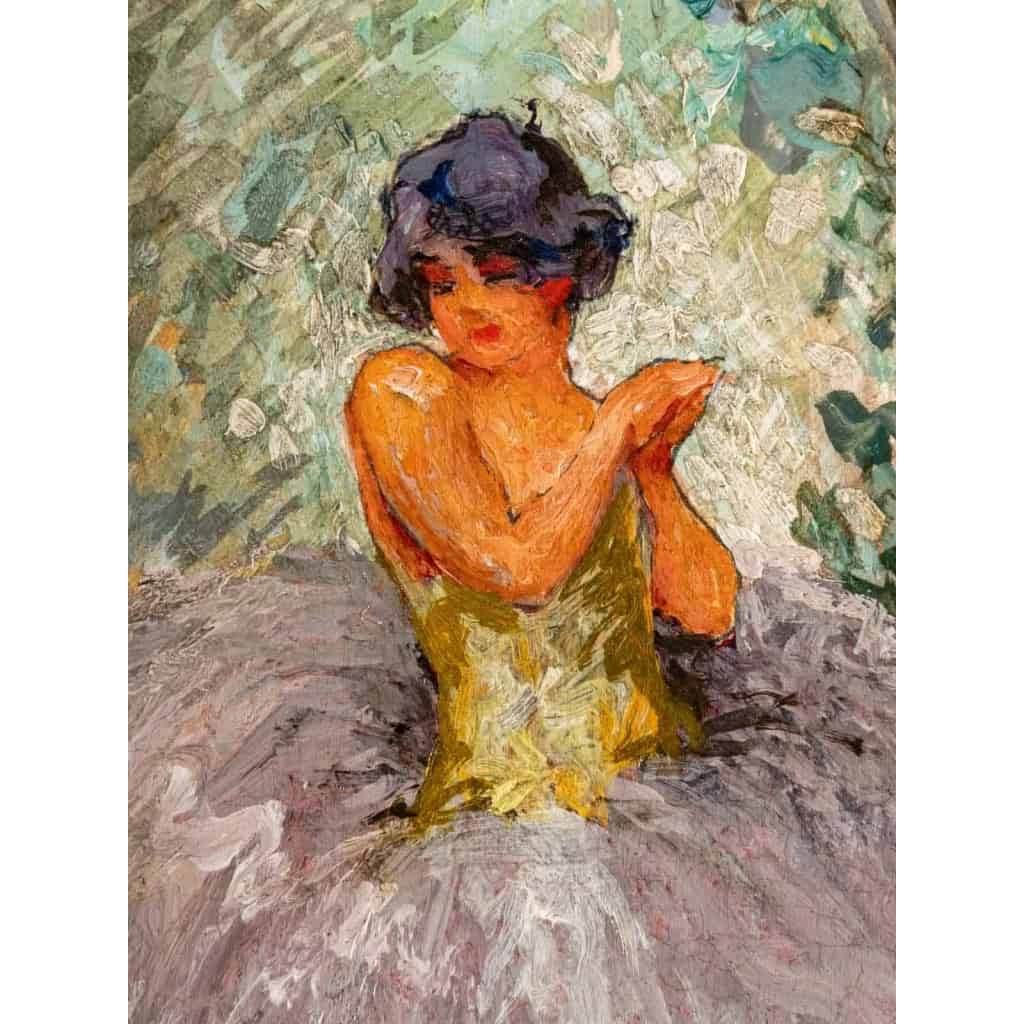 Huile sur panneau représentant une jeune danseuse, signée Morjs Lark | Biron Huile sur panneau représentant une jeune danseuse, signée Morjs Lark