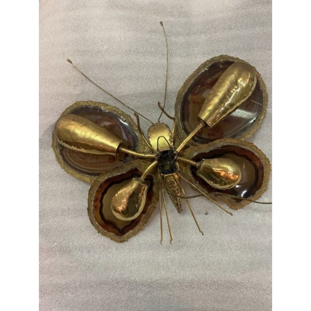 1970’Applique Papillon en Bronze ou Laiton, Duval Brasseur Ou Isabelle Faure, 4 Ampoules, Ailes d’Agate : 44 X H 46 cm | Biron 1970’Applique Papillon en Bronze ou Laiton, Duval Brasseur Ou Isabelle Faure, 4 Ampoules, Ailes d’Agate : 44 X H 46 cm