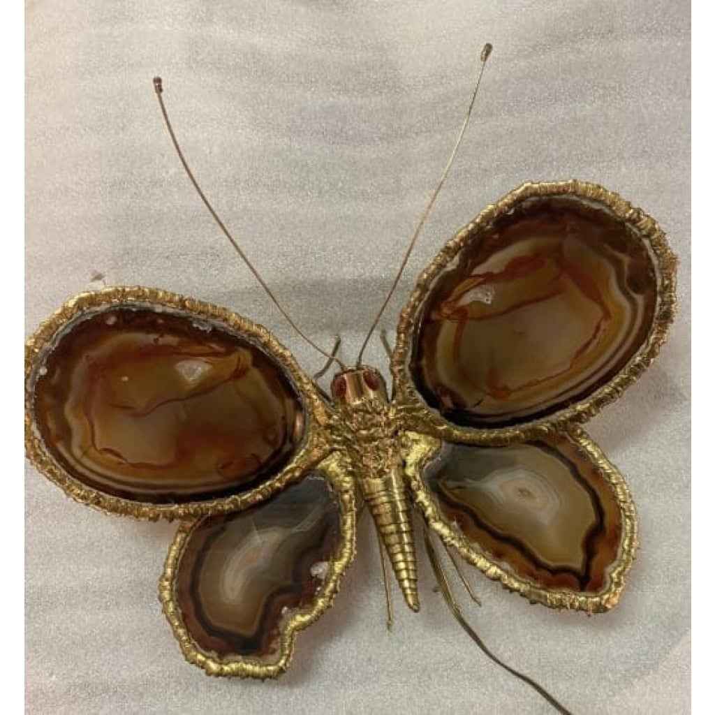 1970’Applique Papillon en Bronze ou Laiton, Duval Brasseur Ou Isabelle Faure, 4 Ampoules, Ailes d’Agate : 44 X H 46 cm | Biron 1970’Applique Papillon en Bronze ou Laiton, Duval Brasseur Ou Isabelle Faure, 4 Ampoules, Ailes d’Agate : 44 X H 46 cm