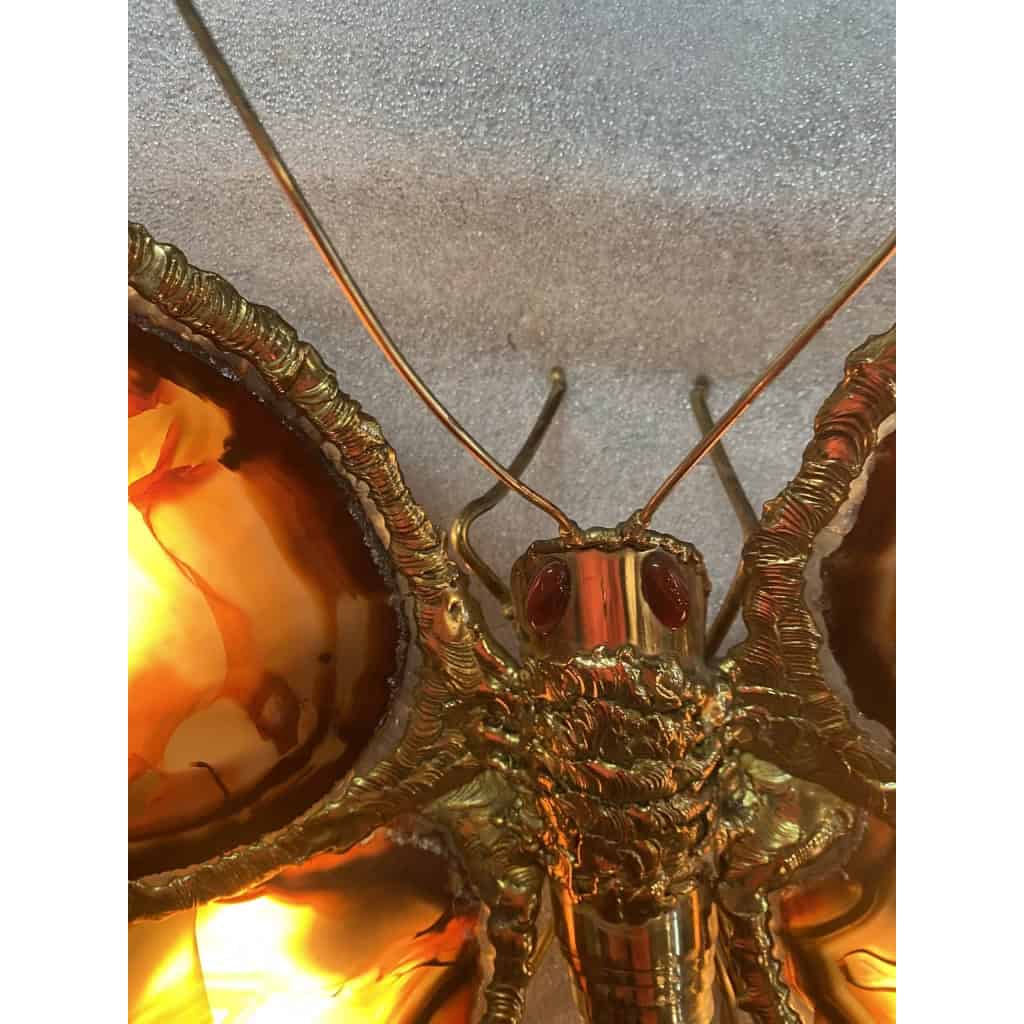 1970’Applique Papillon en Bronze ou Laiton, Duval Brasseur Ou Isabelle Faure, 4 Ampoules, Ailes d’Agate : 44 X H 46 cm | Biron 1970’Applique Papillon en Bronze ou Laiton, Duval Brasseur Ou Isabelle Faure, 4 Ampoules, Ailes d’Agate : 44 X H 46 cm