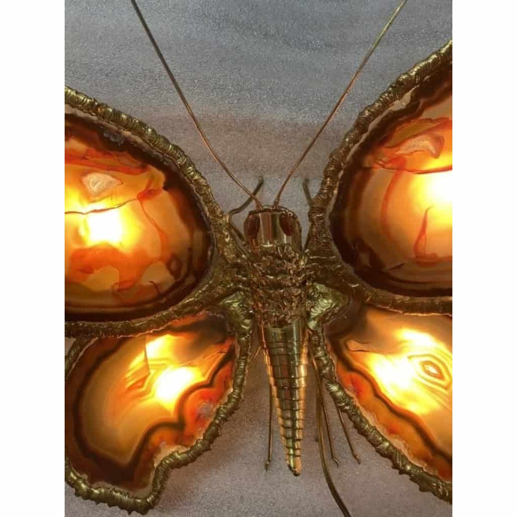 1970’Applique Papillon en Bronze ou Laiton, Duval Brasseur Ou Isabelle Faure, 4 Ampoules, Ailes d’Agate : 44 X H 46 cm | Biron 1970’Applique Papillon en Bronze ou Laiton, Duval Brasseur Ou Isabelle Faure, 4 Ampoules, Ailes d’Agate : 44 X H 46 cm