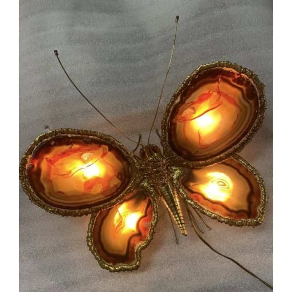 1970’Applique Papillon en Bronze ou Laiton, Duval Brasseur Ou Isabelle Faure, 4 Ampoules, Ailes d’Agate : 44 X H 46 cm | Biron 1970’Applique Papillon en Bronze ou Laiton, Duval Brasseur Ou Isabelle Faure, 4 Ampoules, Ailes d’Agate : 44 X H 46 cm