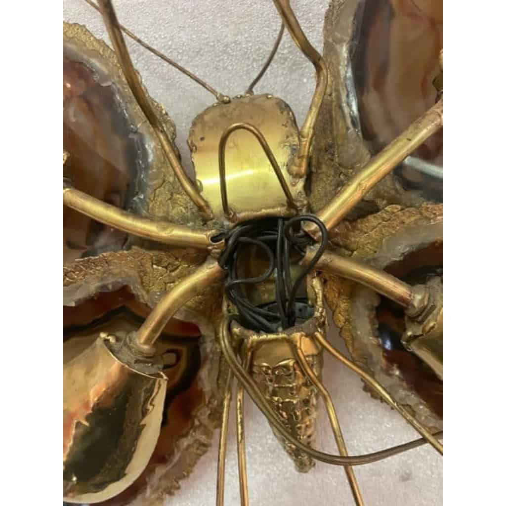 1970’Applique Papillon en Bronze ou Laiton, Duval Brasseur Ou Isabelle Faure, 4 Ampoules, Ailes d’Agate : 44 X H 46 cm | Biron 1970’Applique Papillon en Bronze ou Laiton, Duval Brasseur Ou Isabelle Faure, 4 Ampoules, Ailes d’Agate : 44 X H 46 cm