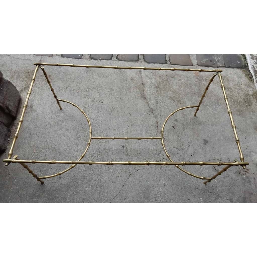 1970′ Table Basse en Bronze Avec Entretoise Maison Baguès Décor Bambou Avec Plateau Verre Noirci 58 X 104 cm