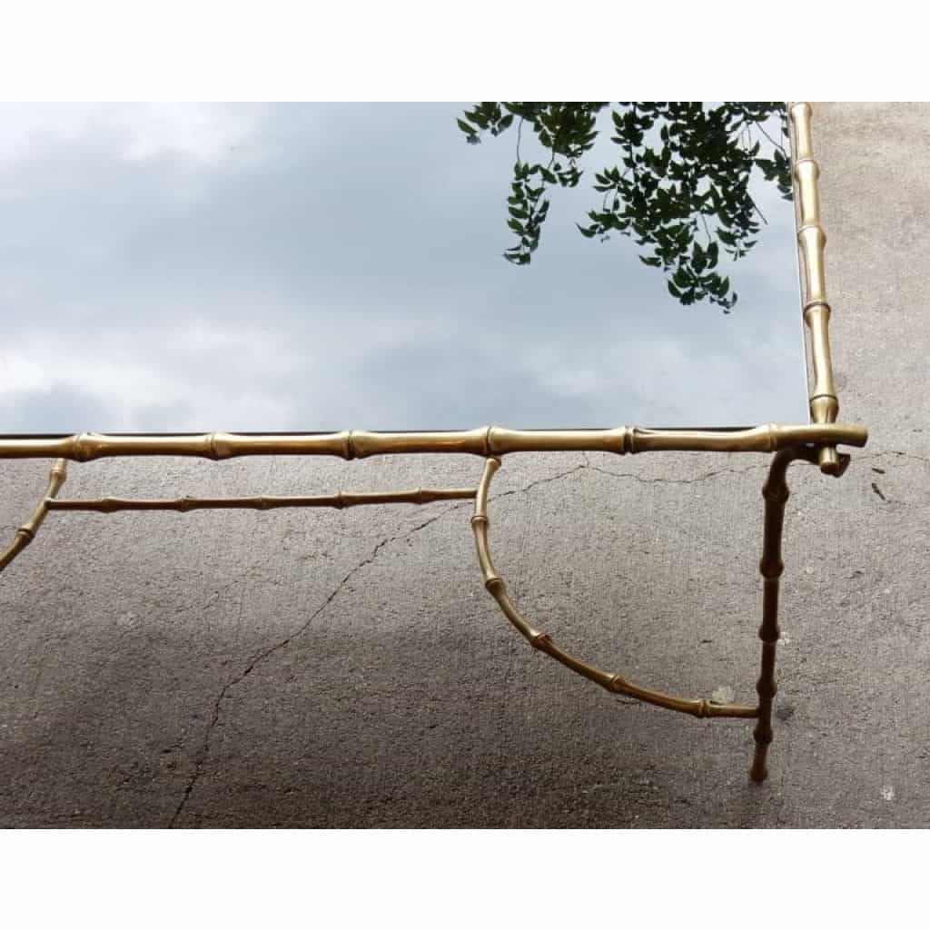 1970′ Table Basse en Bronze Avec Entretoise Maison Baguès Décor Bambou Avec Plateau Verre Noirci 58 X 104 cm