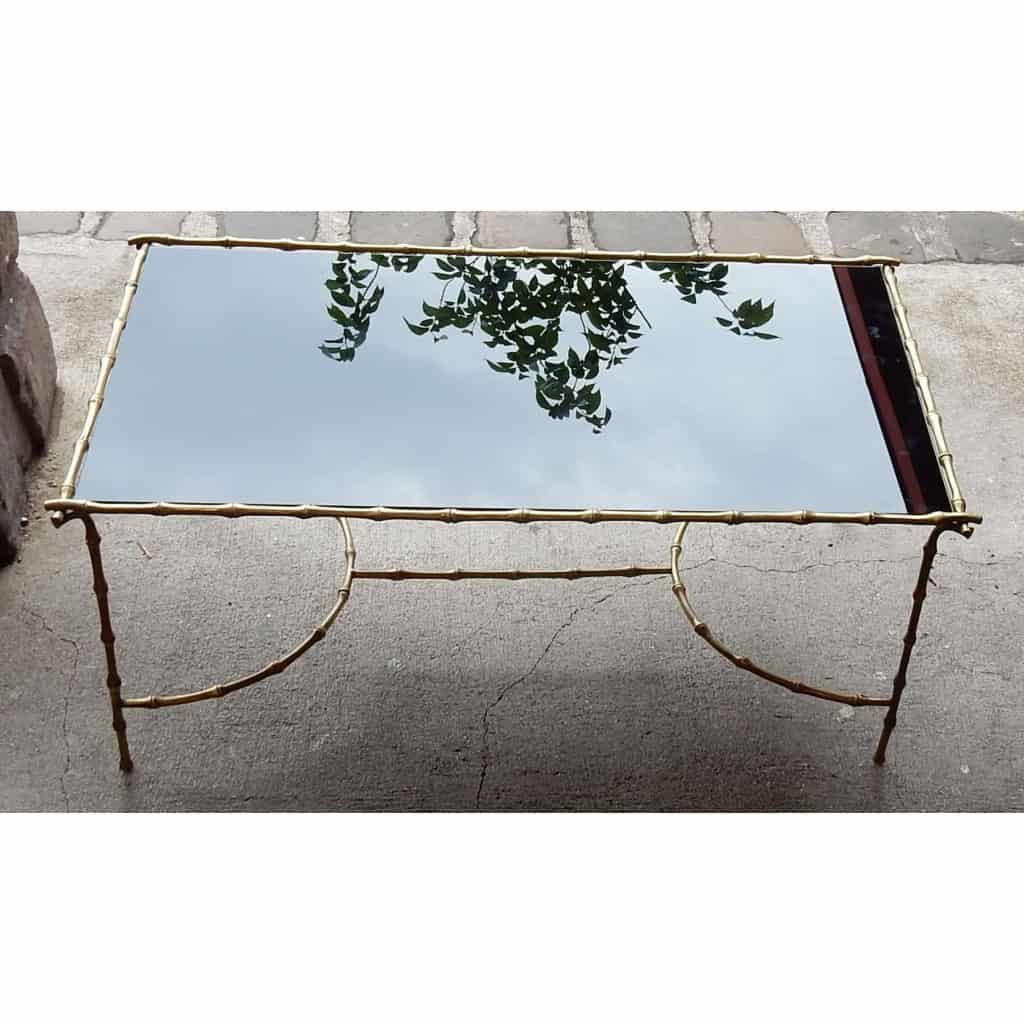 1970′ Table Basse en Bronze Avec Entretoise Maison Baguès Décor Bambou Avec Plateau Verre Noirci 58 X 104 cm