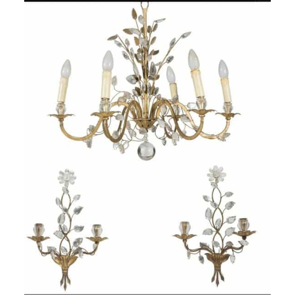 1950/70 Lustre Et Paire d’Appliques Maison Baguès Feuillage Et Fleurs | Biron ||||