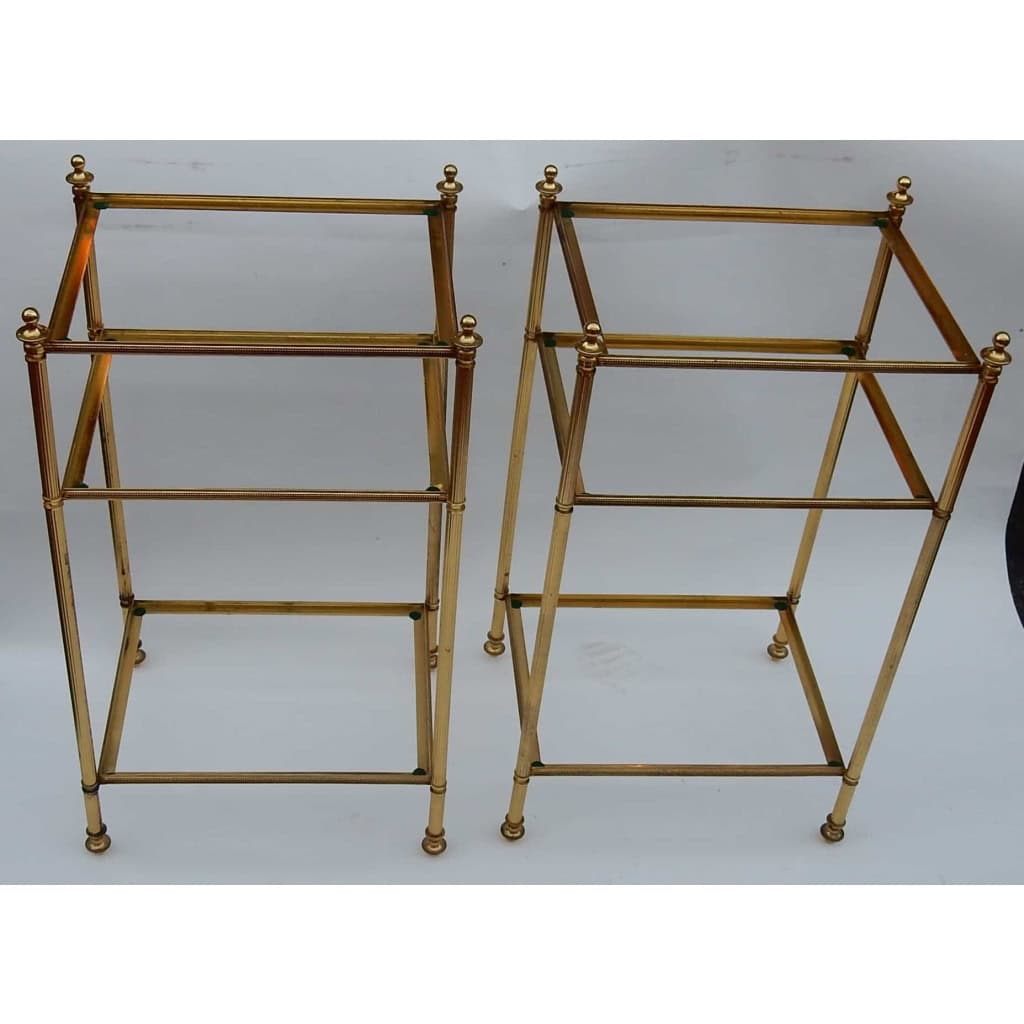 1950/70′ Paire d’Étagères en Laiton à 3 Niveaux Maison Baguès Plateaux Miroirs Vieillis Oxydés 3