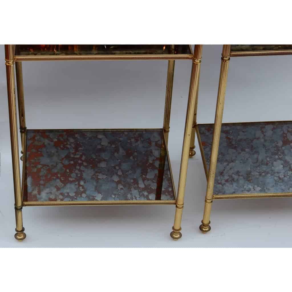 1950/70′ Paire d’Étagères en Laiton à 3 Niveaux Maison Baguès Plateaux Miroirs Vieillis Oxydés 6