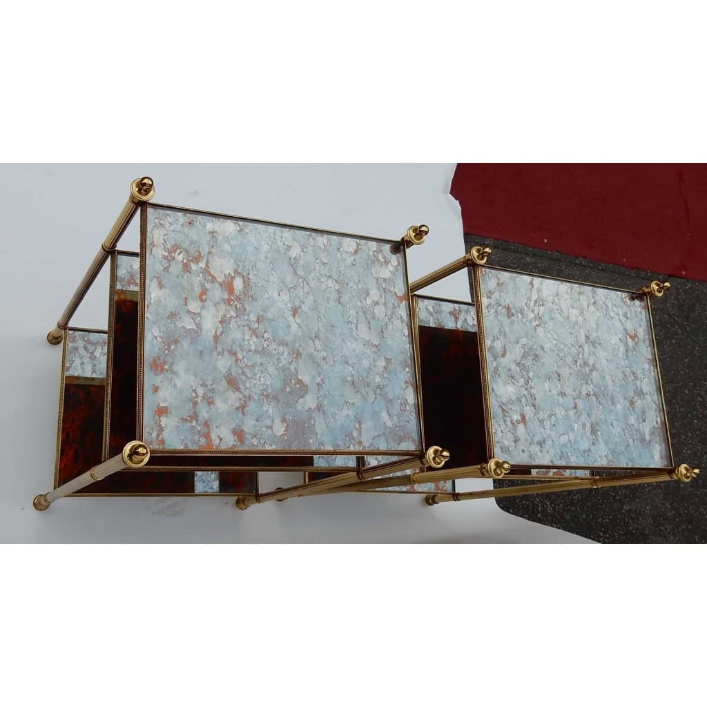 1950/70′ Paire d’Étagères en Laiton à 3 Niveaux Maison Baguès Plateaux Miroirs Vieillis Oxydés 7