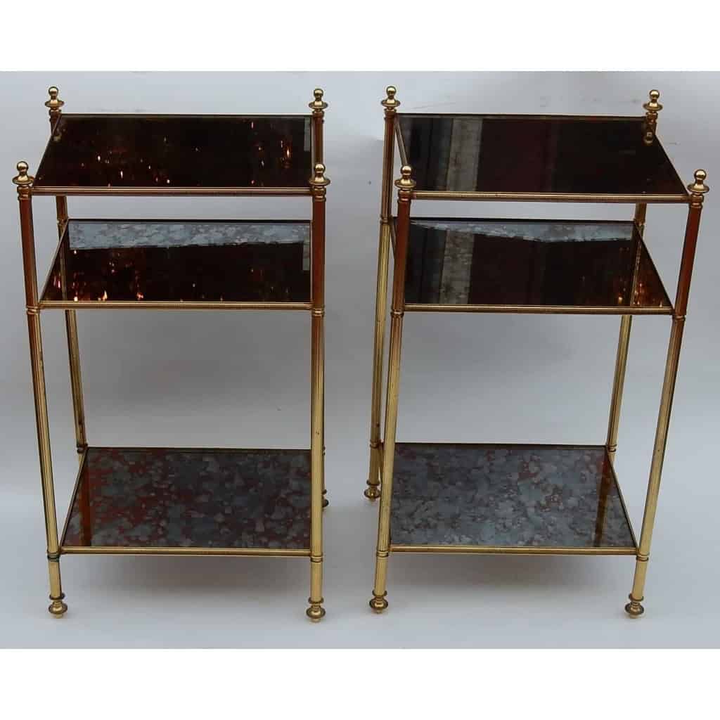 1950/70′ Paire d’Étagères en Laiton à 3 Niveaux Maison Baguès Plateaux Miroirs Vieillis Oxydés 8