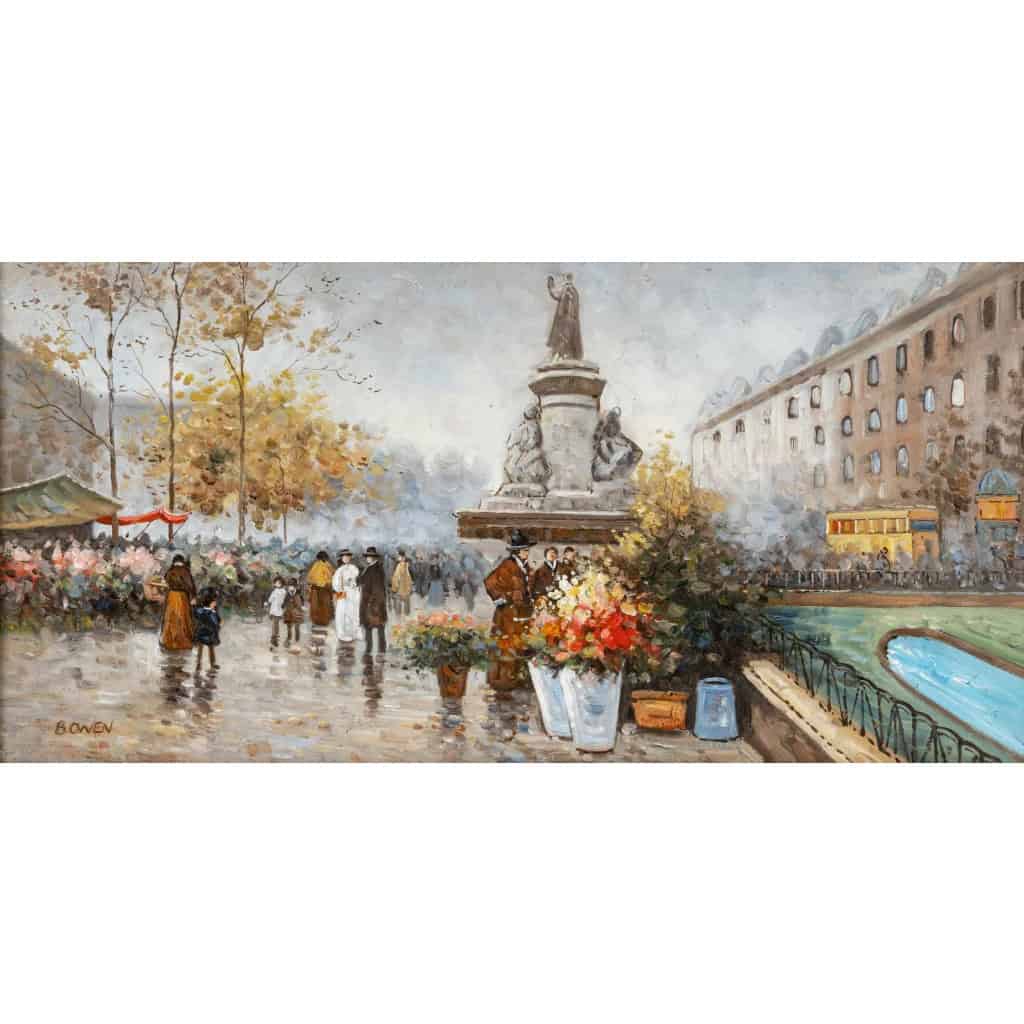 Huile sur panneau de Bowen, Marché aux fleurs place de la République, XXème siècle