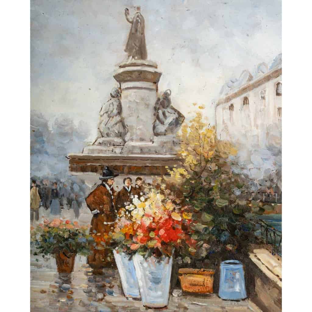 Huile sur panneau de Bowen, Marché aux fleurs place de la République, XXème siècle